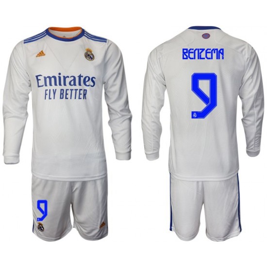 Camisola Real Madrid Benzema 9 Criança Equipamento Primeiro 2021-2022 Manga Comprida